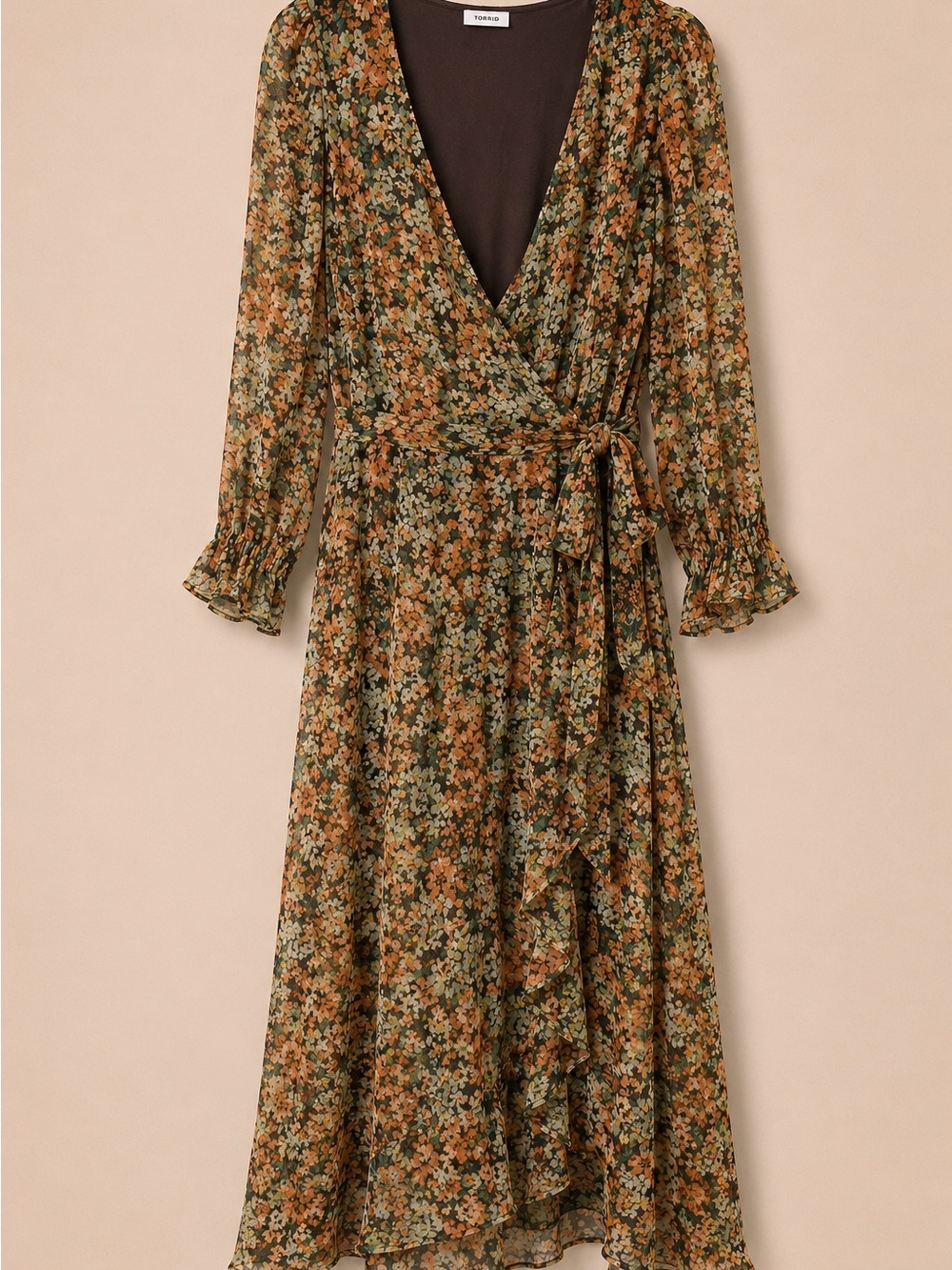 LC Lauren Conrad Green and Rust Floral Wrap Midi Dress